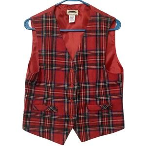 MarkReed Plaid Vest Womens S Red Tartan Wool Blend V-Neck Button Front USA Made